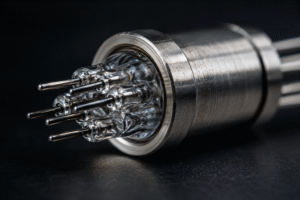 Primer pla d'un segell hermètic de vidre a metall amb múltiples pins metàl·lics en una carcassa d'acer inoxidable